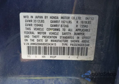 2013 Honda Fit Sport z USA, uszkodzony, nr VIN JHMGE8H68DC043415